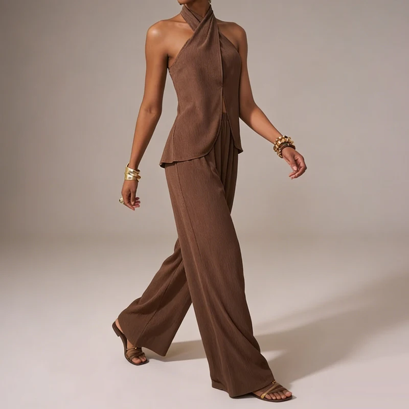 

Sleeveless Draped Long Pant Set Sexy Off Shoulder Split Top & Pant Suit Women Elegant Cotton Linen Solid 2 Piece Outfits