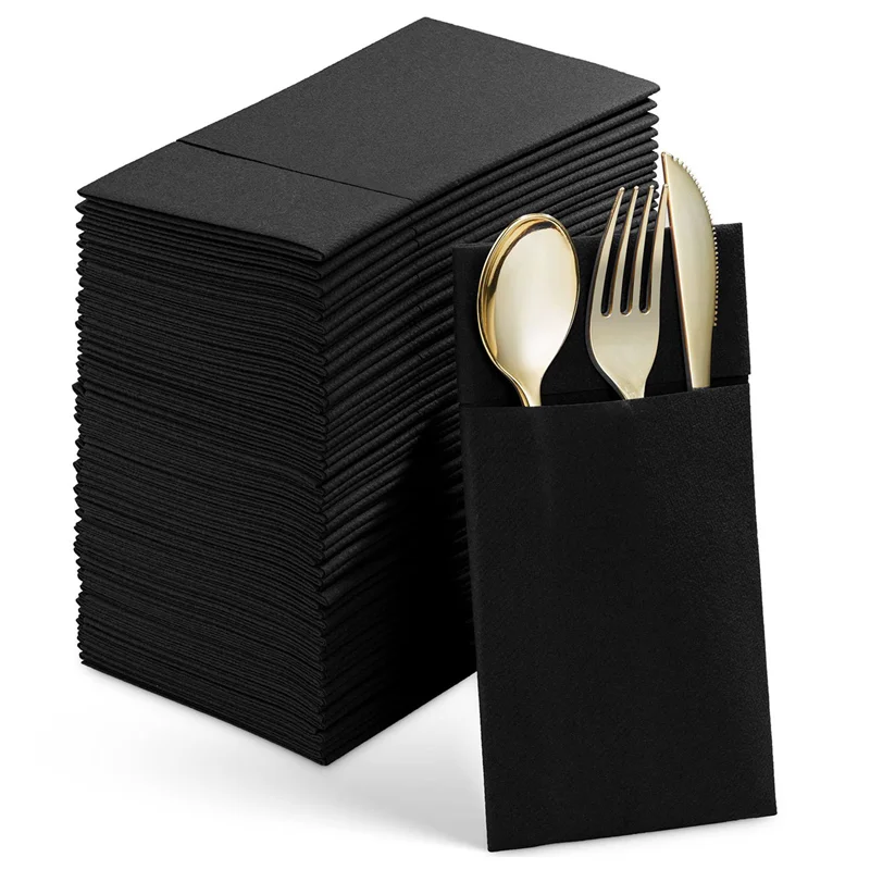 ABIT 300PCS Disposable Dinner Napkins With Built-In Flatware Pocket,Prefolded Cloth Like Paper Napkins Black