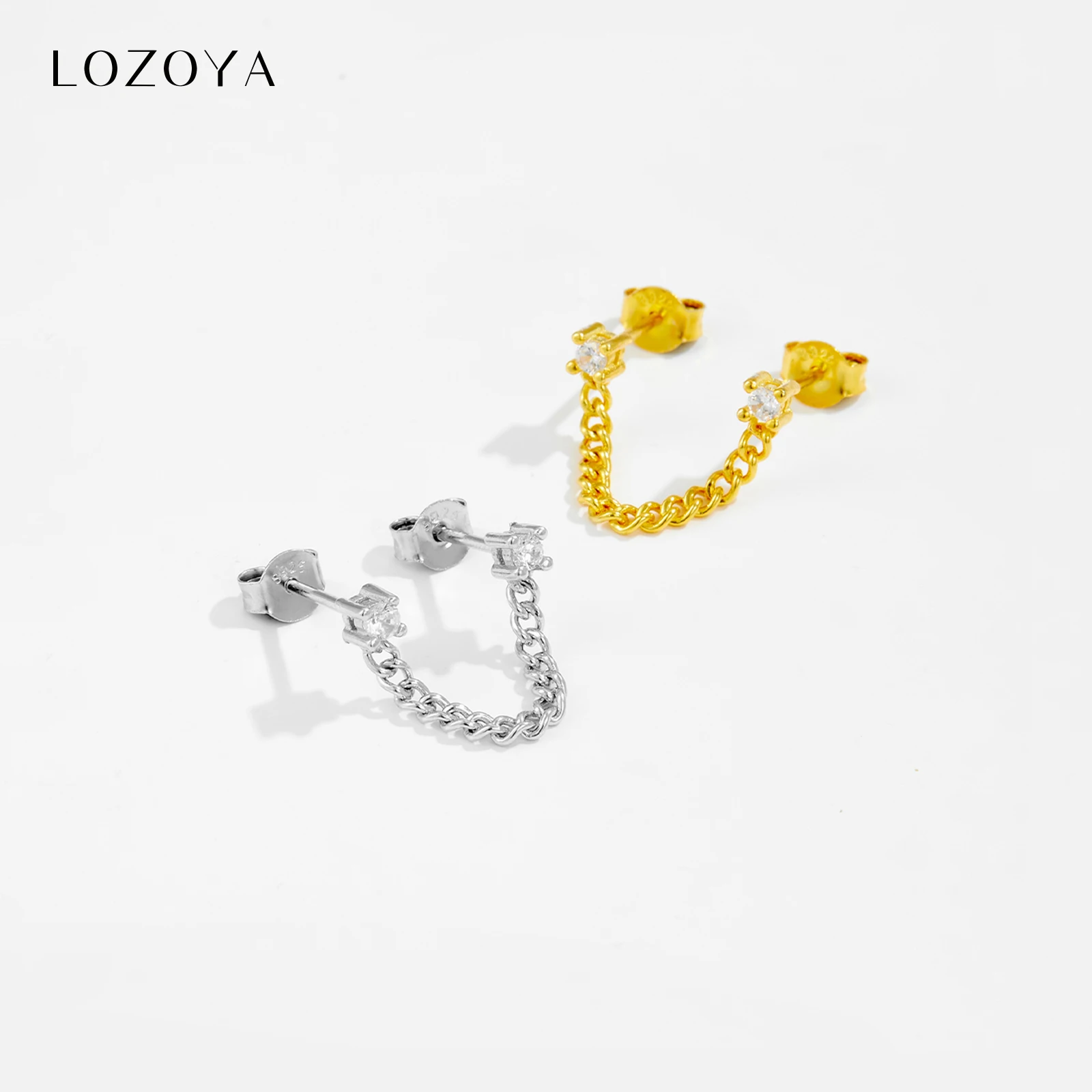 

Серьга-гвоздик LOZOYA из стерлингового серебра 925 пробы с золотой цепочкой, круглым цирконом CZ и двумя отверстиями, 2026, в стиле рок-панк, для вечеринок, изысканное ювелирное украшение, подарок