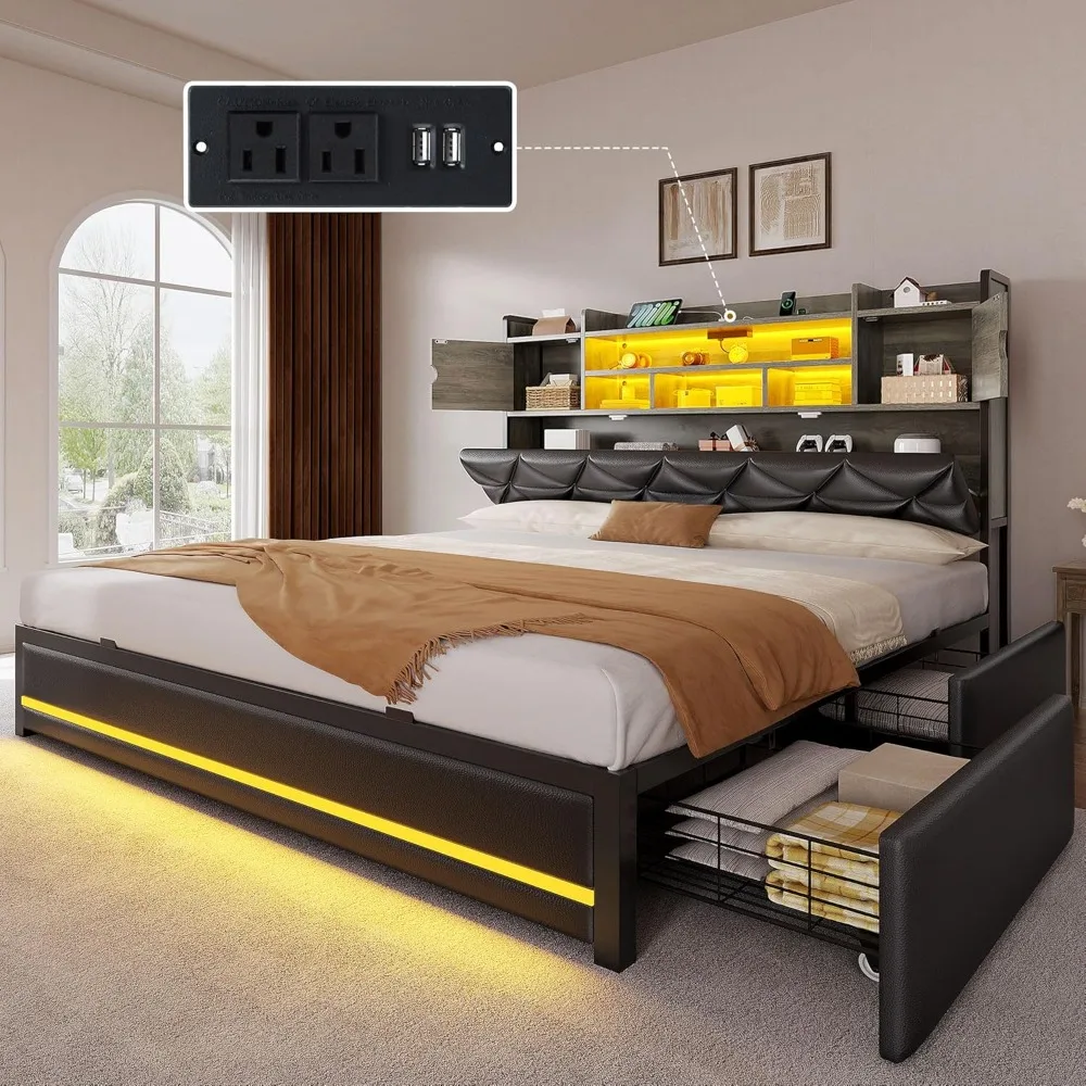 

Size Bed Frame with RGB LED Lights & Storage Bookcase Headboard, Upholstered Bed with Charging Station and 4 Drawers