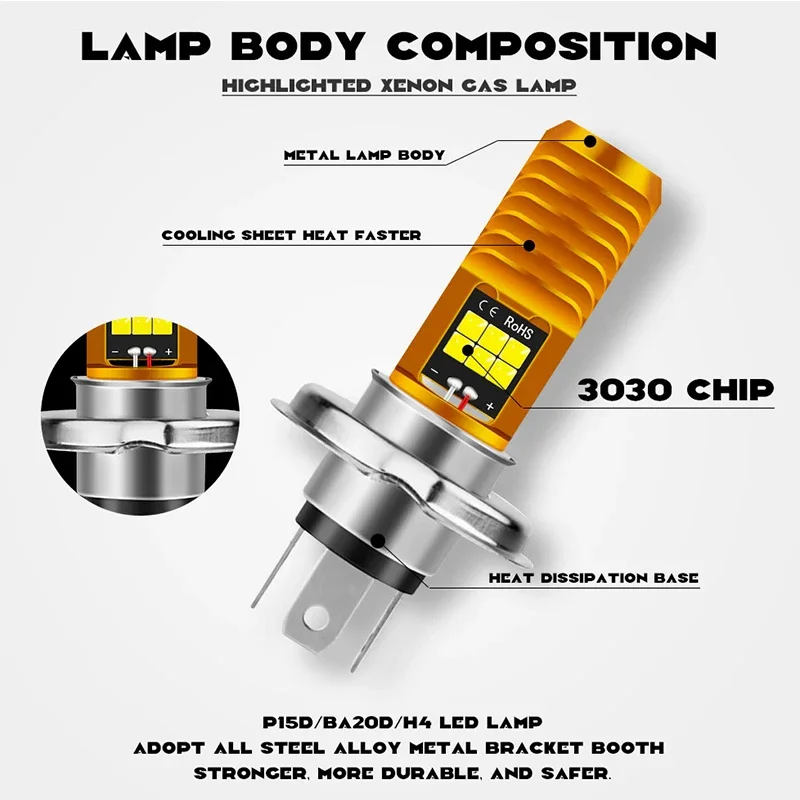 1PC P15D H4 H6M BA20D LED Motorcycle Headlight Bulb P15D 3030LED Motorcycle Scooter Light Lamp Moto Accessories 6000K BA20D LED