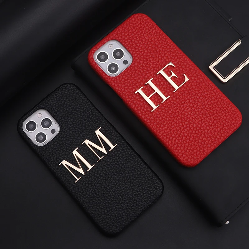 Leather Phone Case with Customized Name Big Gold Metal Letter Personalized Cover for iPhone15 14 13 12 11ProMax 16 15Plus
