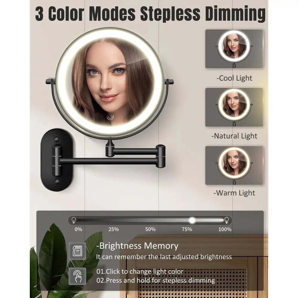 8 doppelseitiger, mit LED beleuchteter Schminkspiegel mit Touch-Dimmung, 360° °   Dreharm und 3 Farbtemperaturen