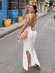 Sexy Backless Knit Cut Out Tassel Spaghetti Strap Bodycon Beach Dress 2025 Summer Causal Holiday Vacation Long Dresses K10