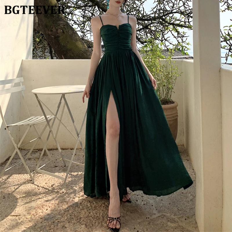 

BGTEEVER элегантное женское платье трапециевидной формы с тонкой талией на тонких бретельках, летнее модное женское платье без рукавов с разрезом