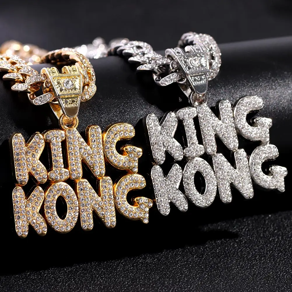 Punk Shiny Crystal Letter KING KONG Pendant Necklace For Men Women Hip Hop Iced Out Cuban Link Chain Necklace Rapper Jewelry