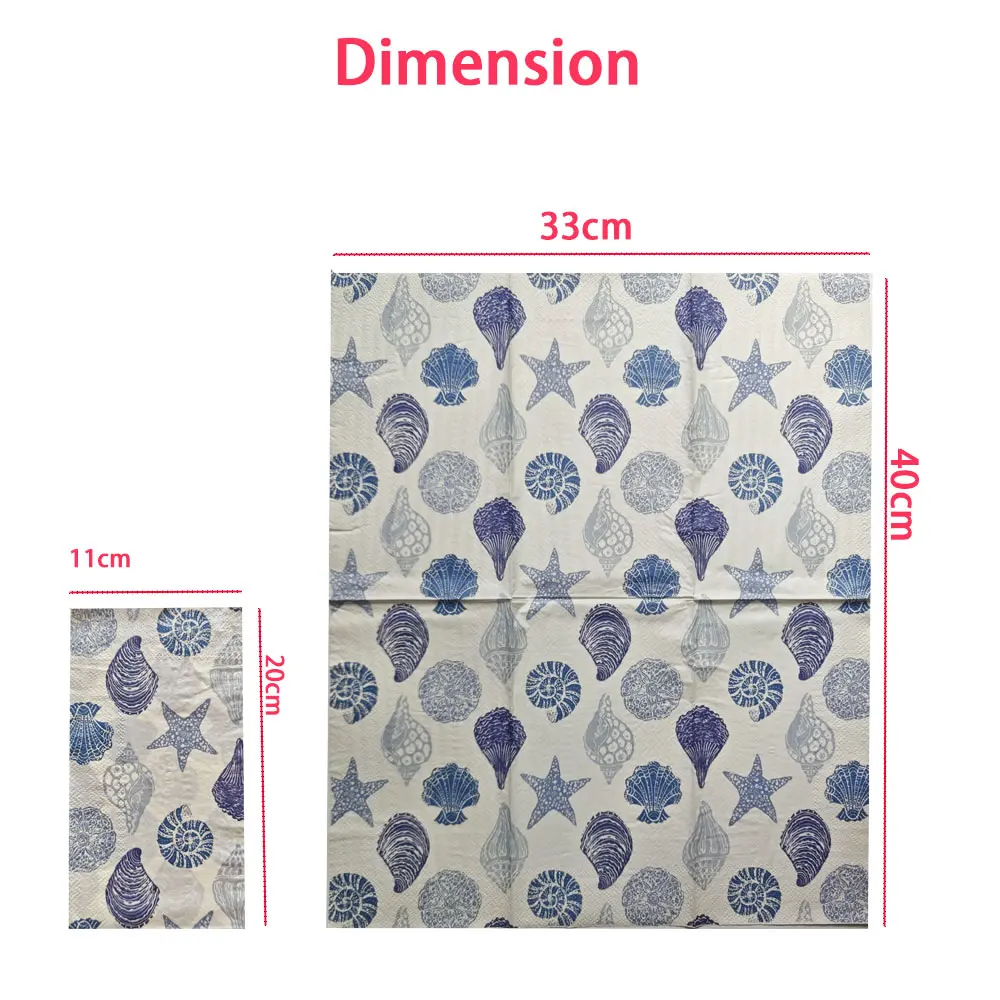 40PCS 40*33cm 3-Ply Ocean Shell Printed Napkins, Party Long Napkins, Suitable for Western Restaurant, Family Gathering, Seaside