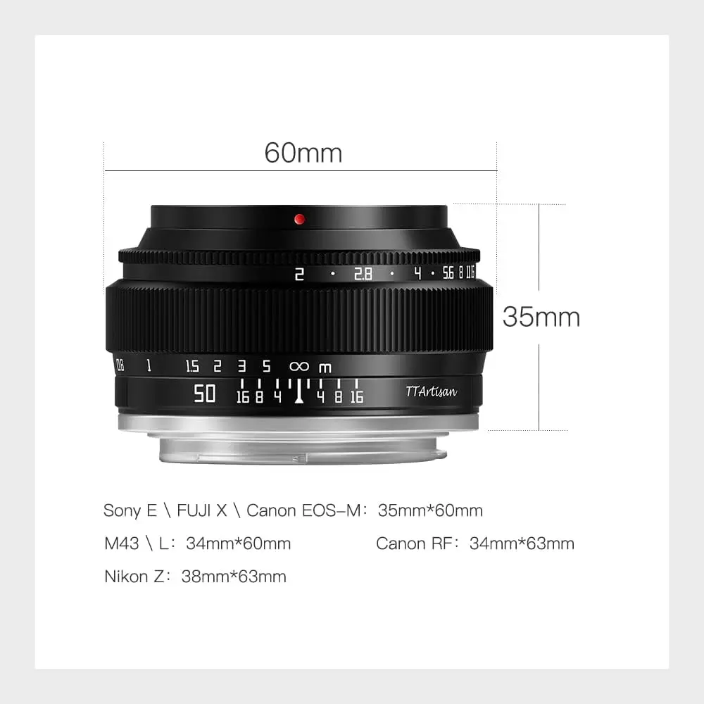 TTArtisan 50mm F2 Full Frame Large Aperture Camera Lens for Sony E Fujifilm XF Canon M Leica L Nikon Z Panasonic Olympus M43