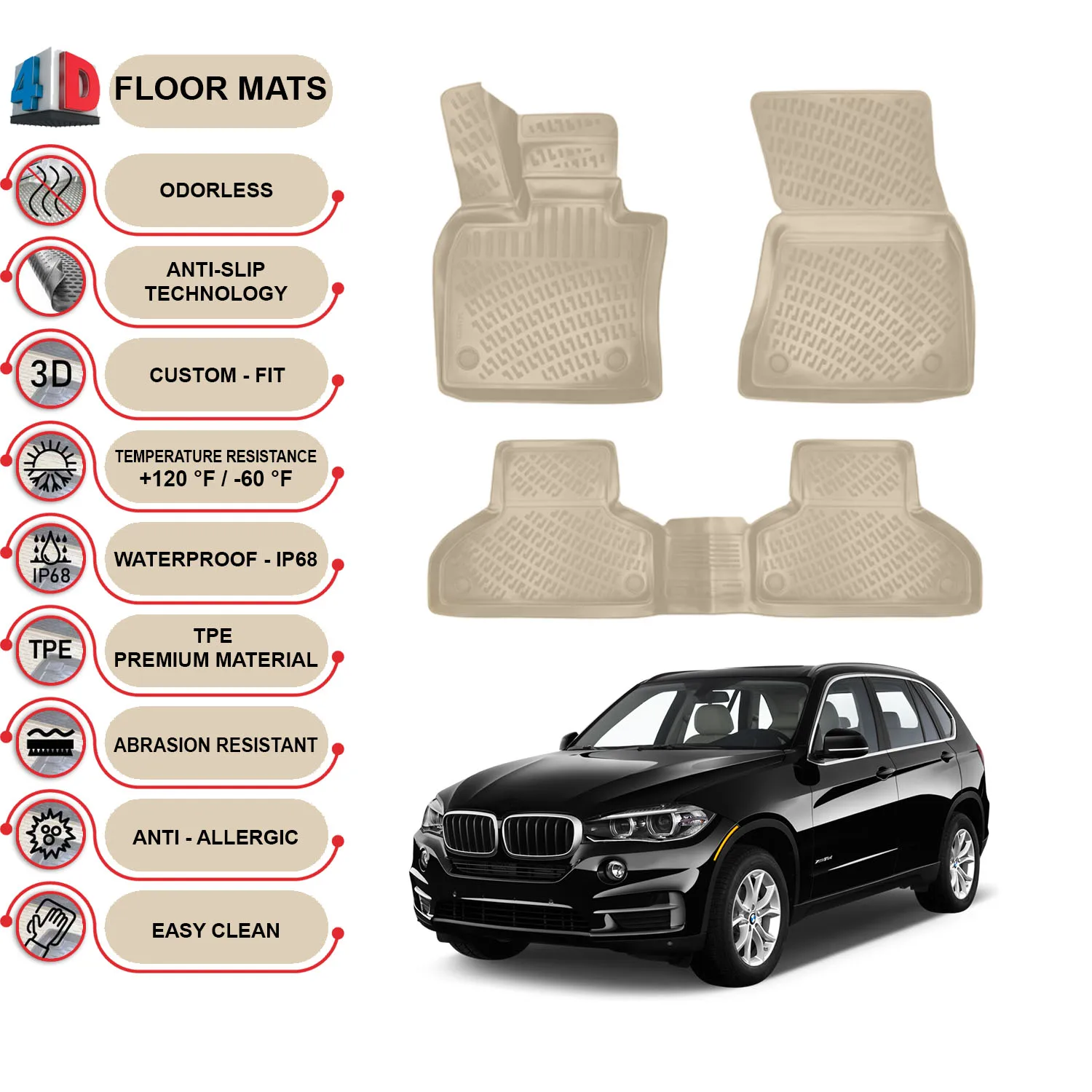 

BMW X5 F15 - (2013-2018) Коврики для пола водонепроницаемые 3D-(бежевый)