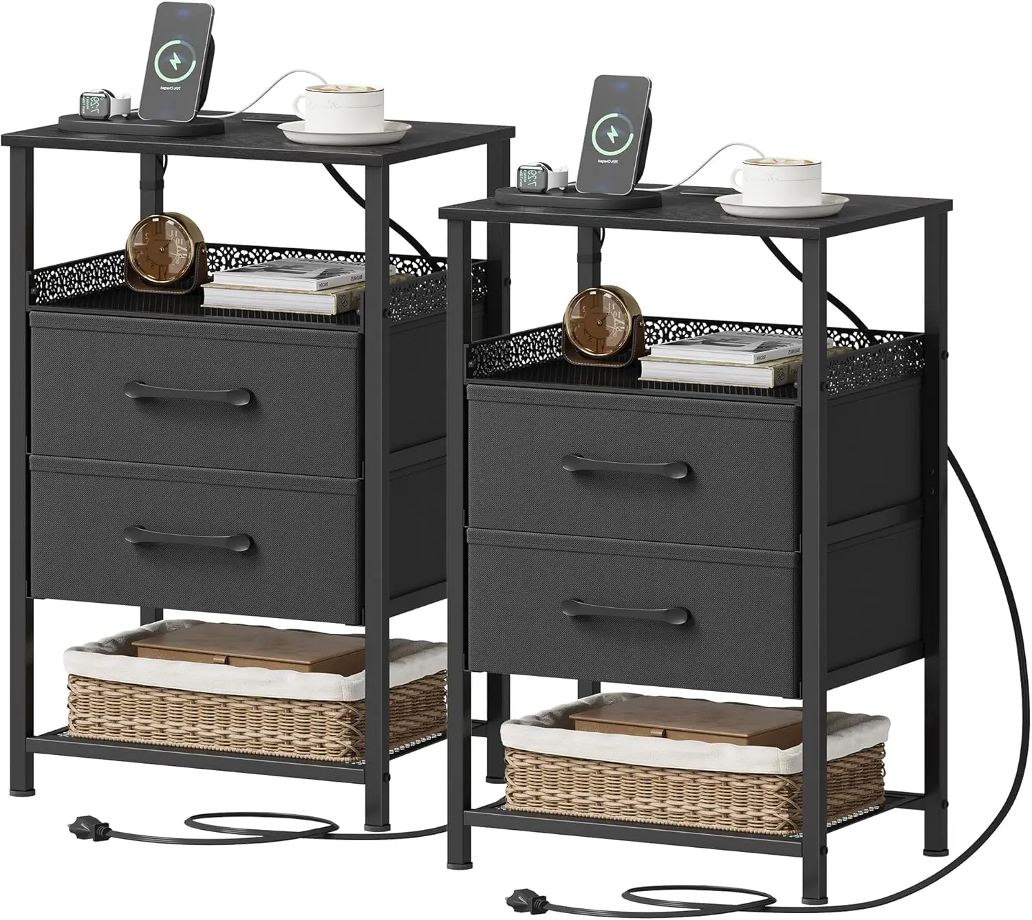 

Nightstand Set of 2, Night Stands with Charging Station, 26.4 Inch Tall Bedside Table with Metal Shelf, Side Table with 2 Fab