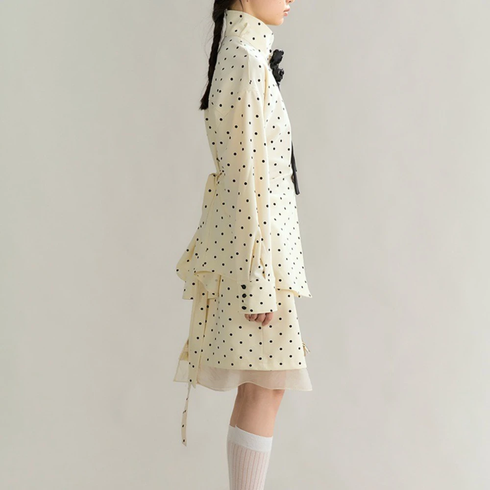 TWOTWINSTYLE Бежевый комплект из двух предметов в горошек, женская куртка с воротником-стойкой и длинными рукавами, модный комплект французской женской юбки