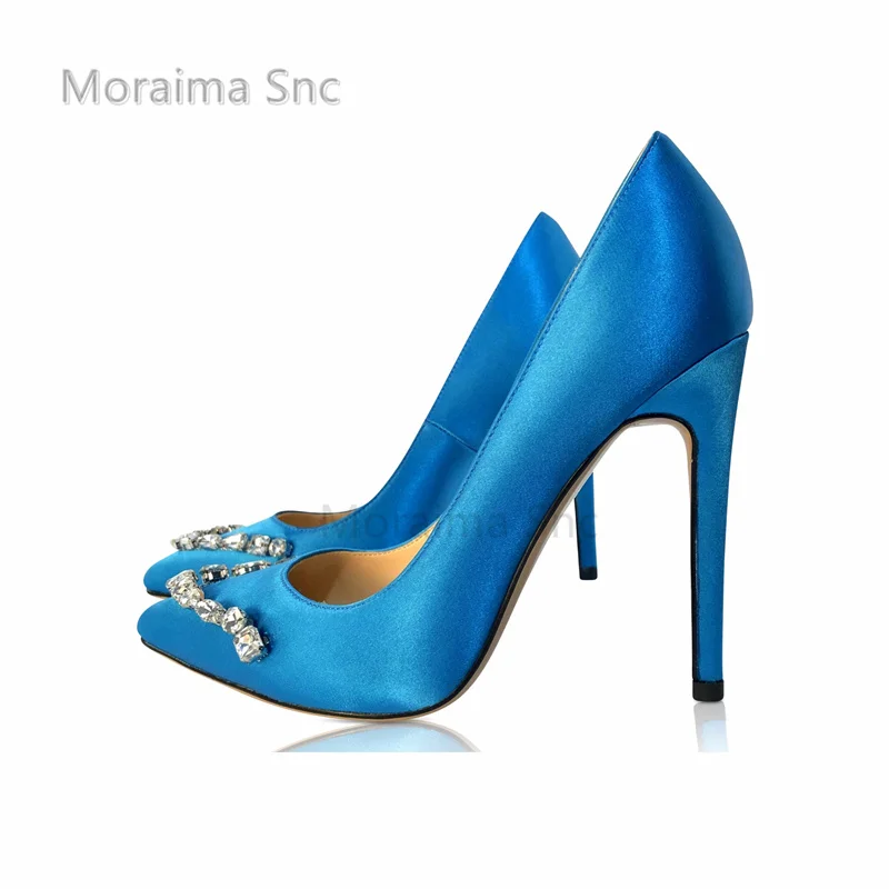 

Blue Satin Rhinestone High Heels for Women Stiletto Pointed Toe Shallow Slip On Pumps High Heeled Party Office Catwalk Shoes