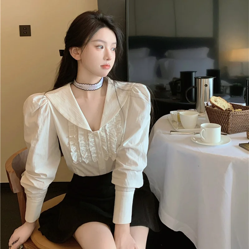 

Bubble Sleeve Navy Collar Shirt White Lace Ruffled Tops Summer Korea Japan Style V Neck Button Cute Sweet White Shirt Blouse