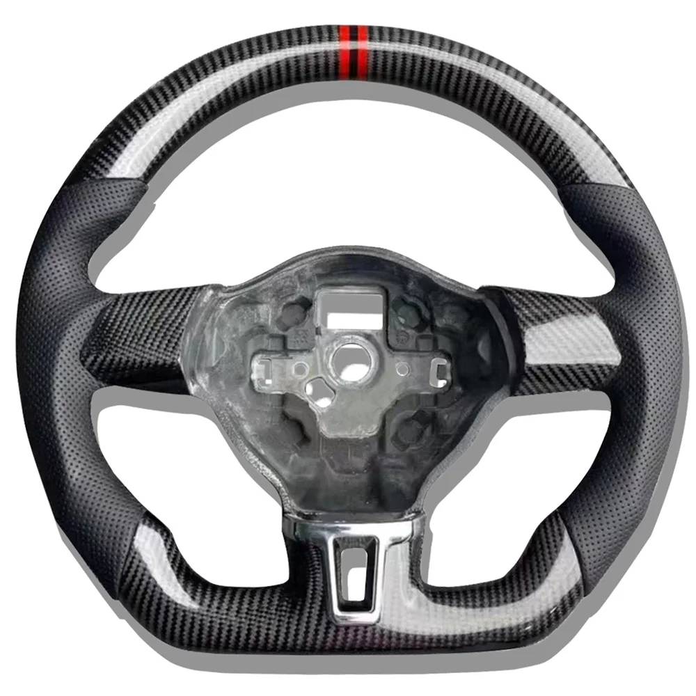 Real Carbon Fiber Steering Wheel Perforated Leather，VW Golf 6 MK6 2009-2013 Polo GTI Passat R-Line Real Carbon， Red /Black