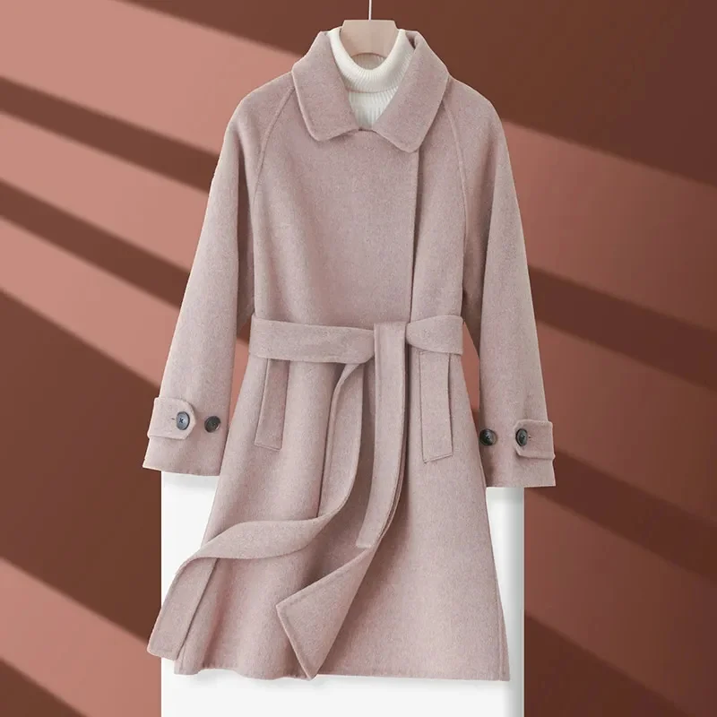 

Autumn Winter Women's Mid-Length Woolen Coat Slim-Fit Knee-High Belted High-End Polyester Fiber Outerwear Fashionable Coat