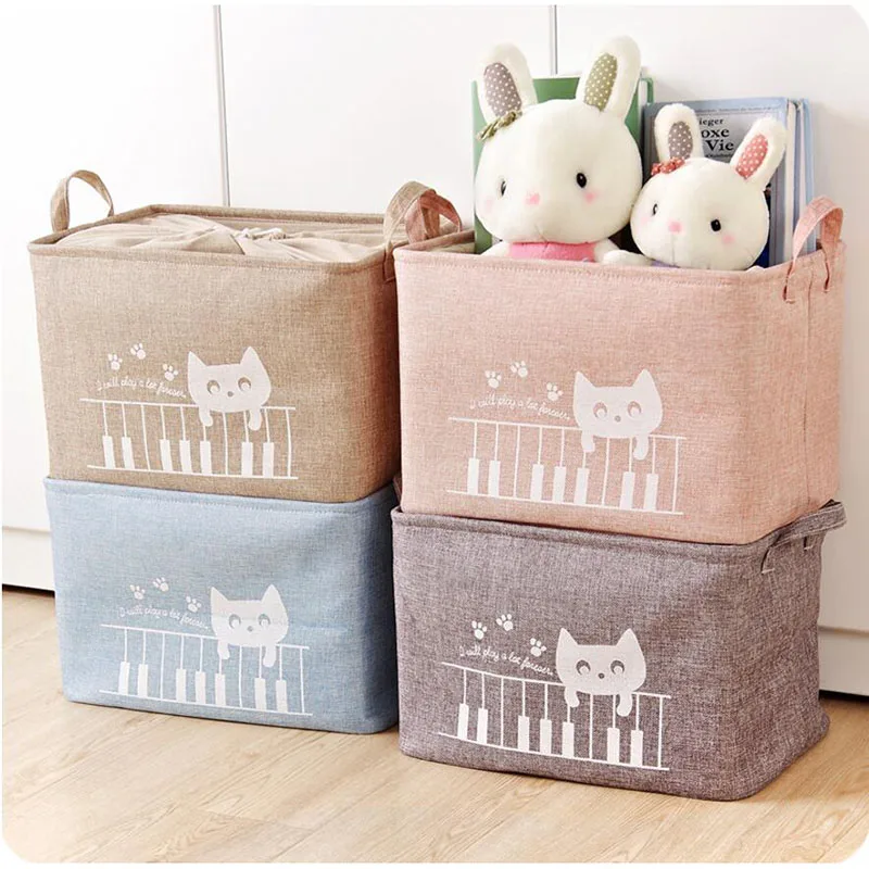 

Cute Cat Linen Desk Storage Box Holder Basket, Colorful Drawstring Fabric Cartoon Clothes Sundries Closet Organizer with Handle