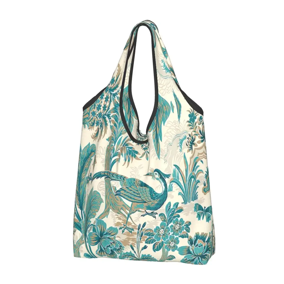 

Peacock Blue And Metallic Bird Toile Grocery Tote Shopping Bag Toile De Jouy Motif Pattern Shoulder Shopper Bag Large Handbag