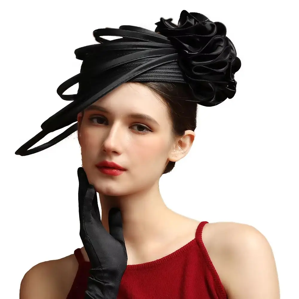 قبعة الكنيسة الساتان النسائية الفاخرة الفريدة من نوعها لحفلات الزفاف، قبعة رسمية رائعة على شكل زهرة ساحرة، إكسسوارات التصوير الفوتوغرافي
