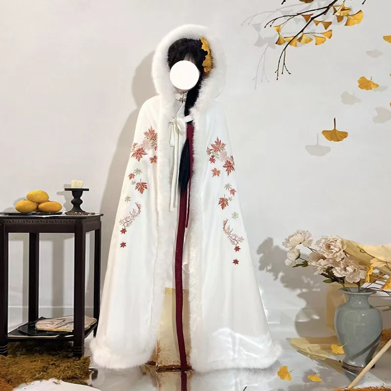 الشتاء رشاقته المخملية الدافئة Hanfu رداء طويل فتاة القديمة الخارجي زي الرأس الكلاسيكية الأبدية أوراق القيقب التطريز عباءة المرأة #6