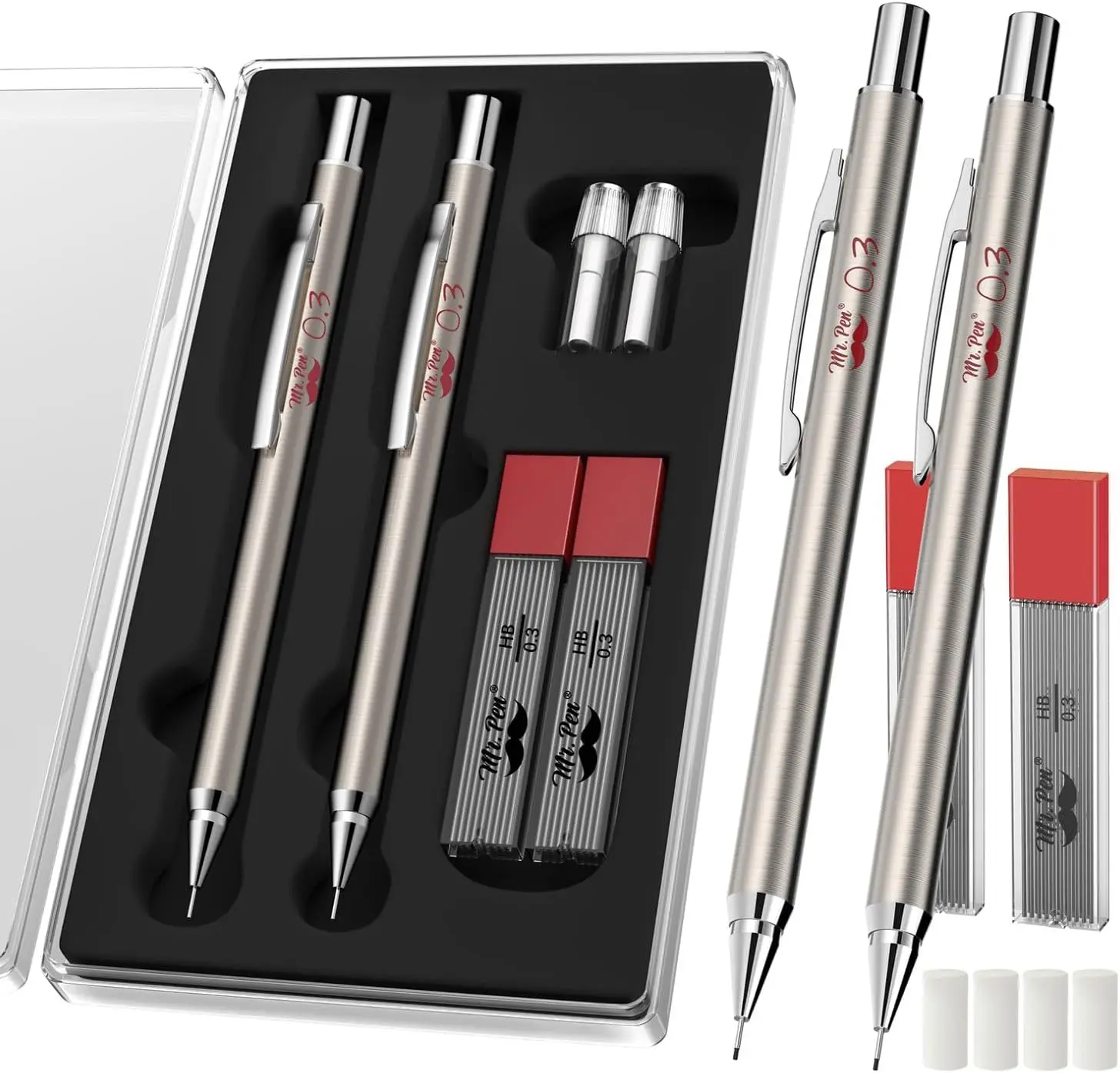 

Metal Mechanical Pencil Set 0.3mm, 2 Pack with Lead Refills & Erasers for Drawing, Sketching, Office, School
