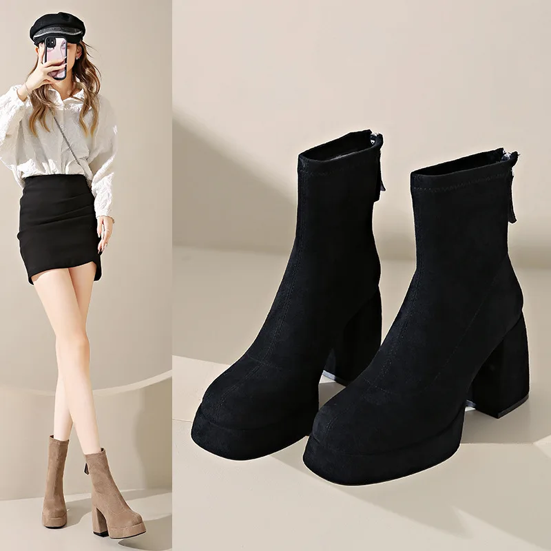 

Suede Super High Heels Women Boots Ankle Chelsea Shoes New Winter Chunky Dress Shoes Party Elegant Pumps Goth Botas Mujer