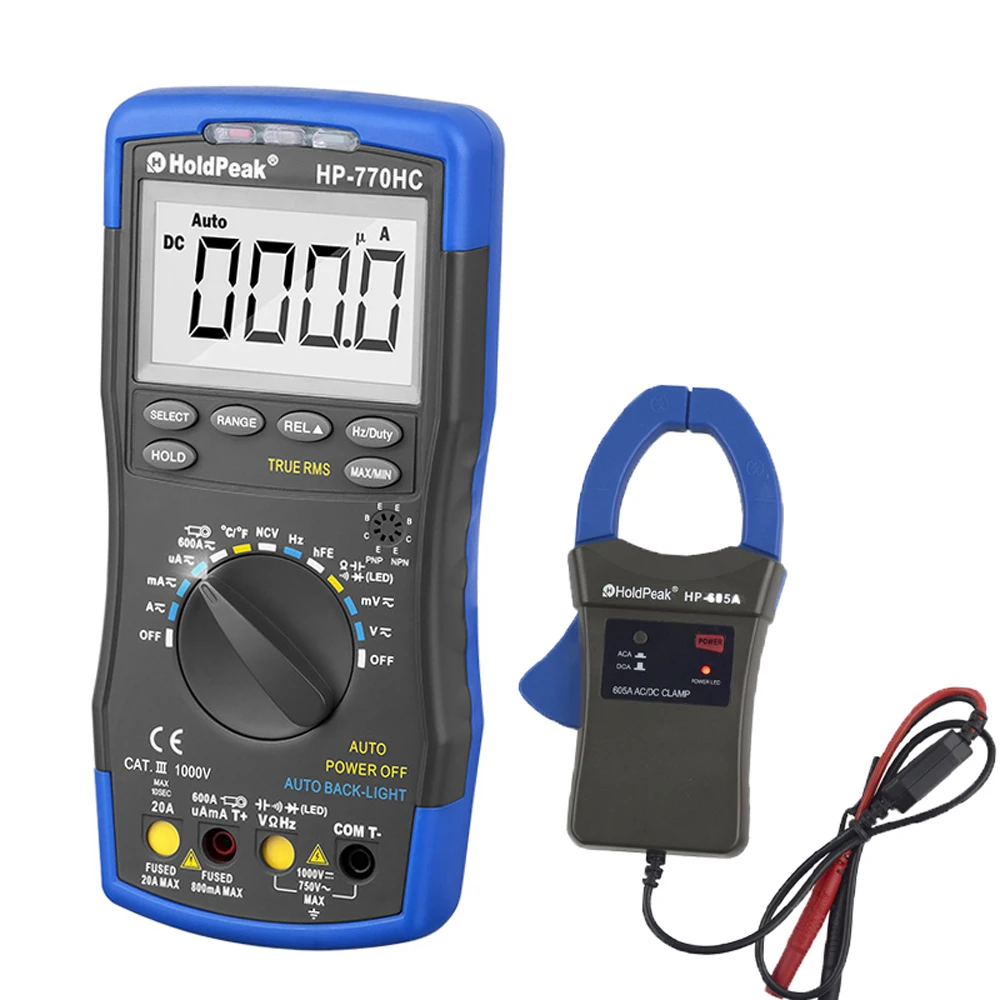 

HoldPeak HP-770HC True RMS Autoranging Probe Digital Multimeter With NCV+HP-605A Clamp Adapter 600A AC/DC Current Power LED 45mm