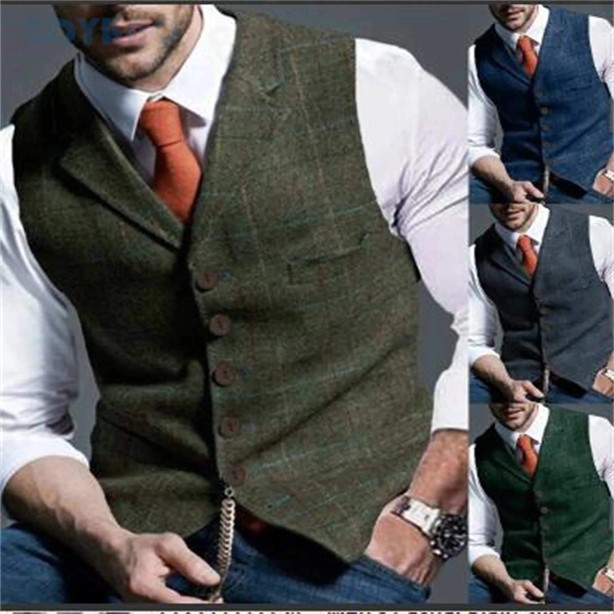 

Business Mens Suit Vest Lapel V Neck Wool Herringbone Casual Waistcoat Formal Groomsman Jacket For Wedding Men's Vests Tweed