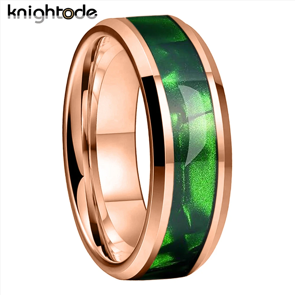 High Polished Tungsten Carbide Wedding Band Inlay Green Olive Shell Texture Patterns for Everyday Wear Comfort Fit