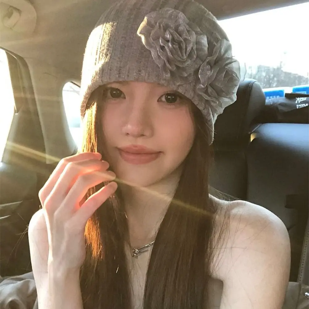 

Fashion Solid Color Rose Flower Knitted Hat Y2k Style Breathable Women Beanie Cap Thin Crochet Striped Skullies Cap