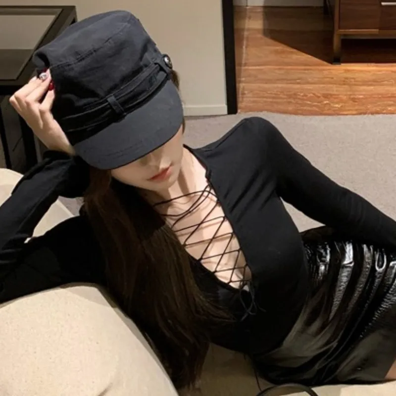 Sexy Long Sleeve Knitted Top V-Neck Hollow out Design Boobie Show off Spicy Girl Black T-Shirt for Women Autumn Standard Fit