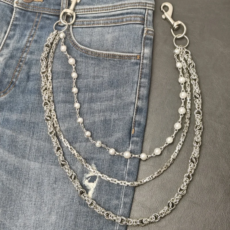 Retro sMonarch Keel Clamp Beads Pearl Pants Chain Three layers Fashion Accessories Hip Hop Punk One\'s Waist Concise y2k KeyChain