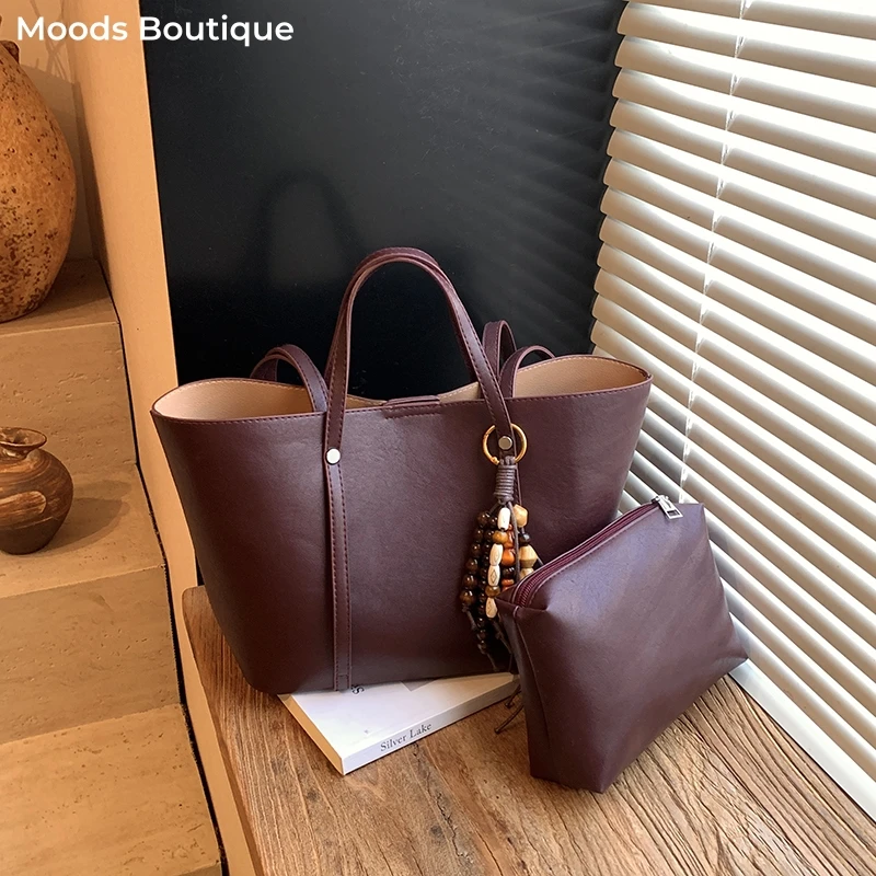 

MOODS Retro Tote Bag Set For Women Soft PU Leather Solid Color Handbags 2-IN-1 Large Capacity Shopping Shoulder Bag With Pendant