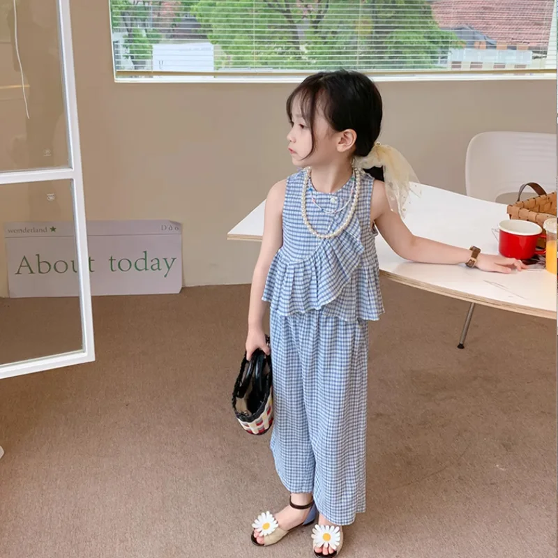 2-7Y Korean Children Summer Girls Set Children Ruffled Plaid Vest+Pants Two-piece Set for Kids