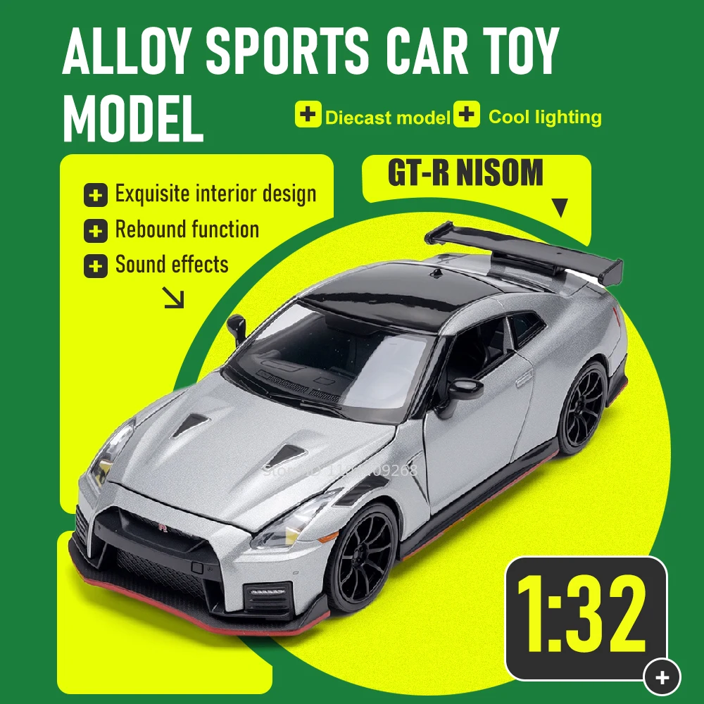 

1:32 Nissan GT-R Nisom Car Model Toy Sound Light Pull Back Alloy Die-cast Sports Cars Miniature Models for Kids Presents