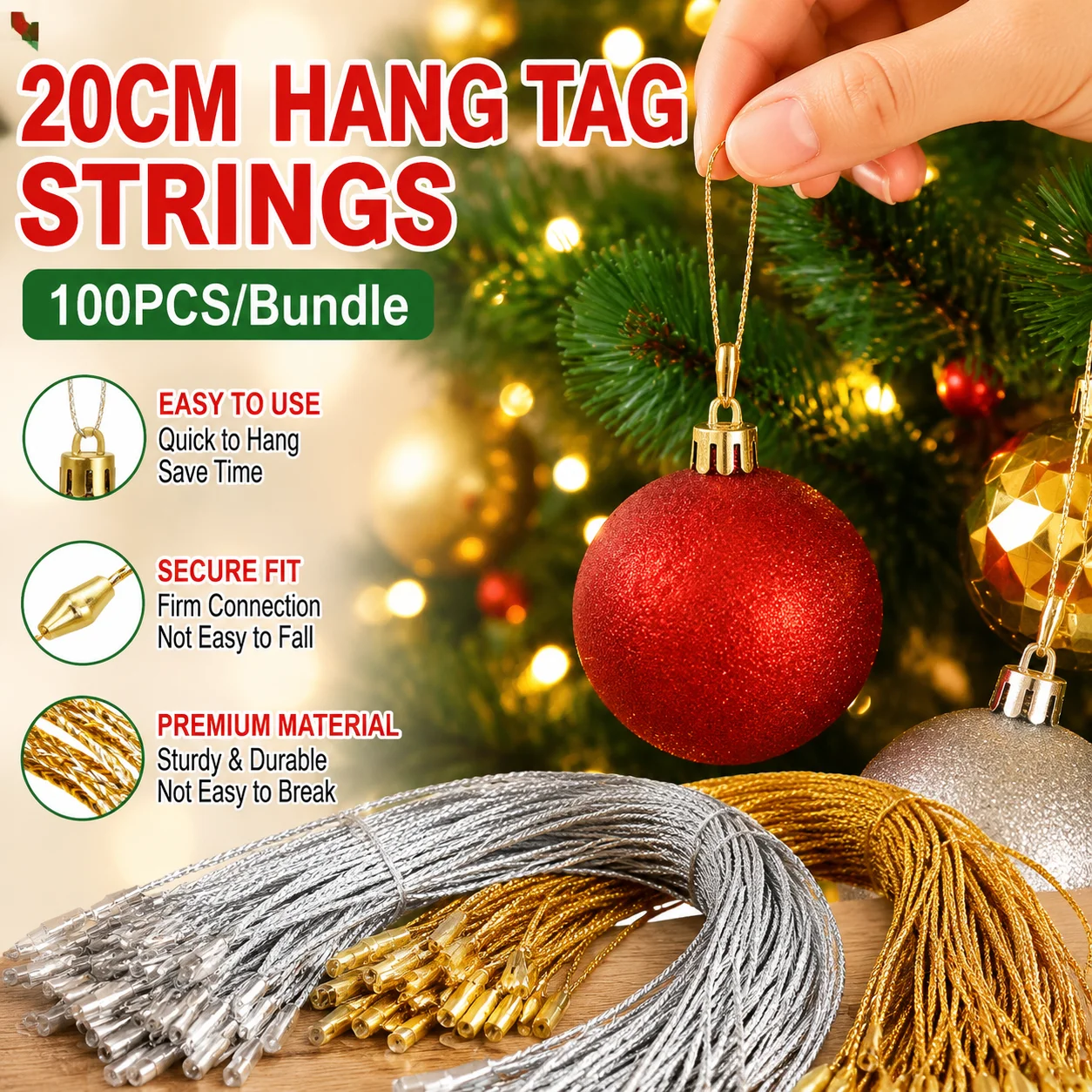 100PCS 20cm Bullet Head Gold Silver Thread Tag Rope Christmas Hanging Ornament String for DIY Crafts Set