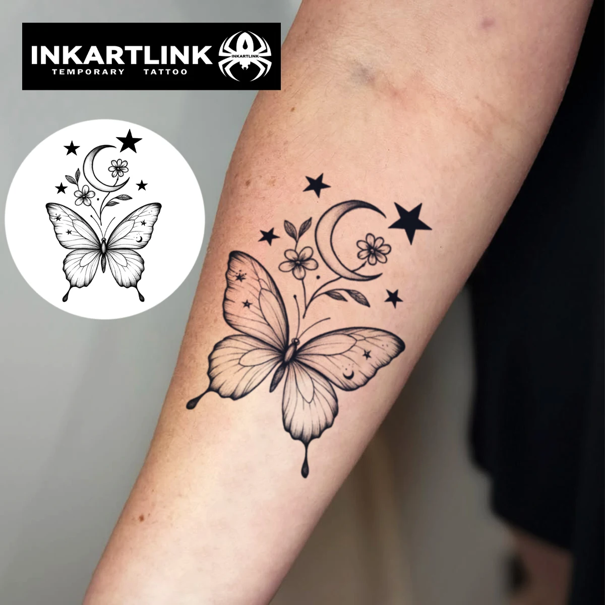 INKARTLINK Herbal Ethereal Moon Bloom Butterfly Temp Tattoo for Whimsical Daily Wear & Relaxed Outings.