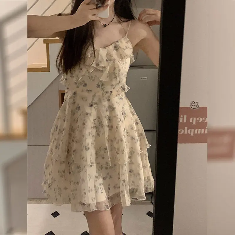 

Gentle Broken Flowers Slip Dresses Women's Clothing Hotsweet V-Neck Summer Chic Ruffles Spliced Elegant A-Line Waist Mini Dress