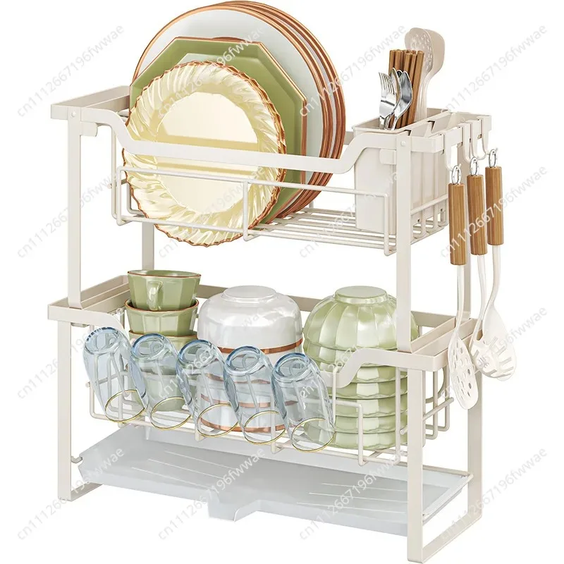 Multi-function Drying Rack 2-Tier Kitchen Dish Rack with Drainboard Kitchen Countertop Utensil Cup Holder Cutlery Storage Holder