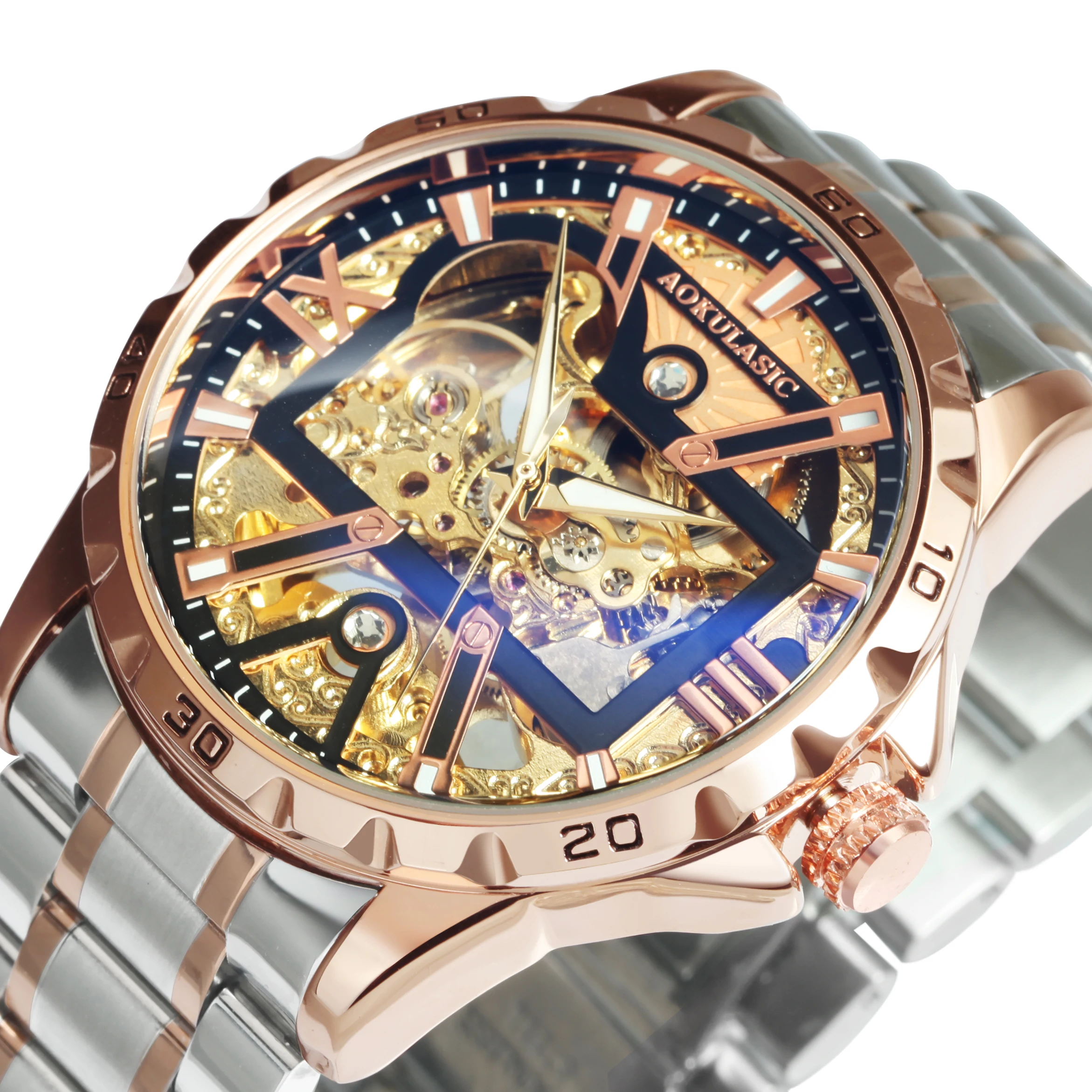 Luxury Brand Military Mechanical Watches Fashion Iced Out Gold Skeleton Automatic Watch for Men Stainless Steel Strap Luminous