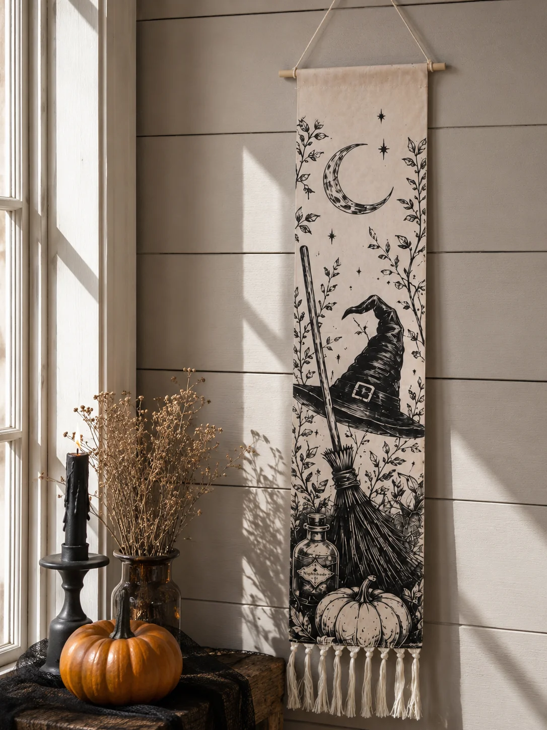 Halloween-Wandteppich mit Quasten, Gotische Hexe, Schwarze Katze, Krähe, Geisterhaus, Totenkopf-Druck, Vintage Grusel-Wandbehang Deko – Detail 22
