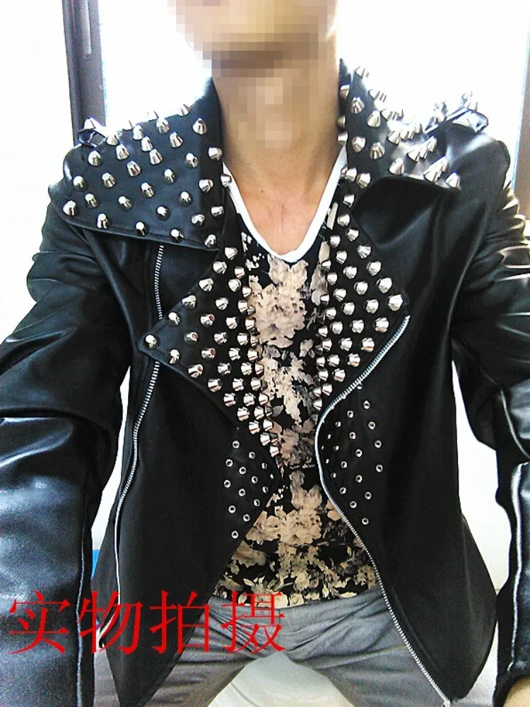 Hot 2023 New Men\'s Performance Punk Leather Jacket Non Mainstream Rivet Motorcycle Male Leather Coat Men Stage Singer Costumes