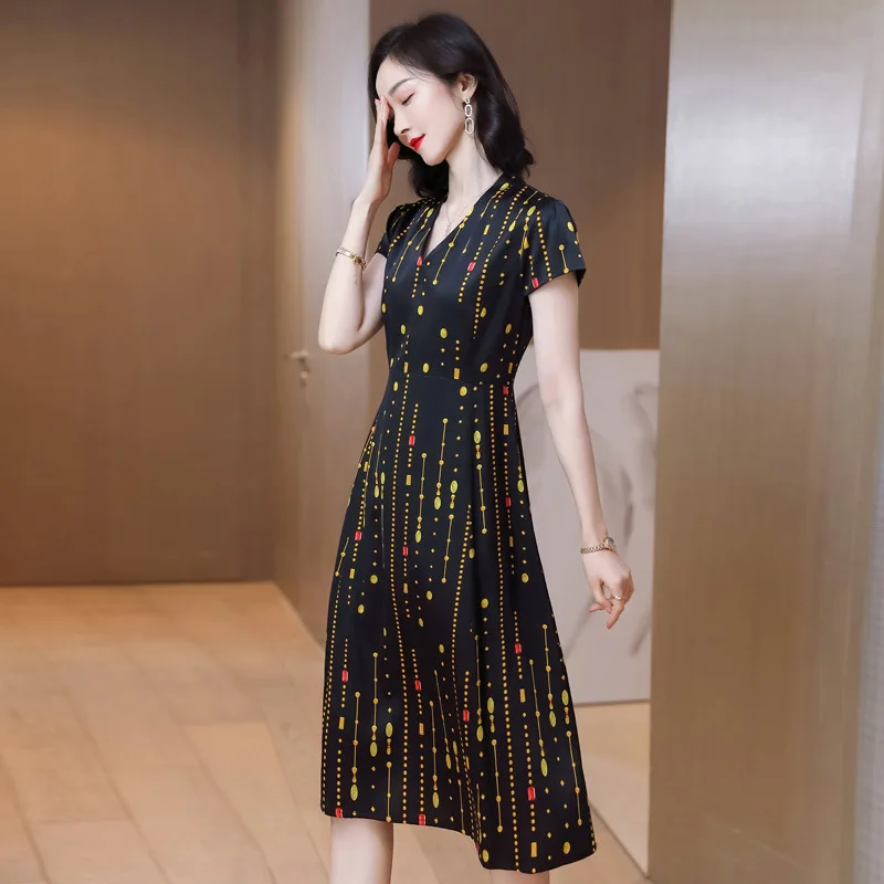 Women summer thin silk dress 2024 new high-end luxury silk printed temperatre lady skirt