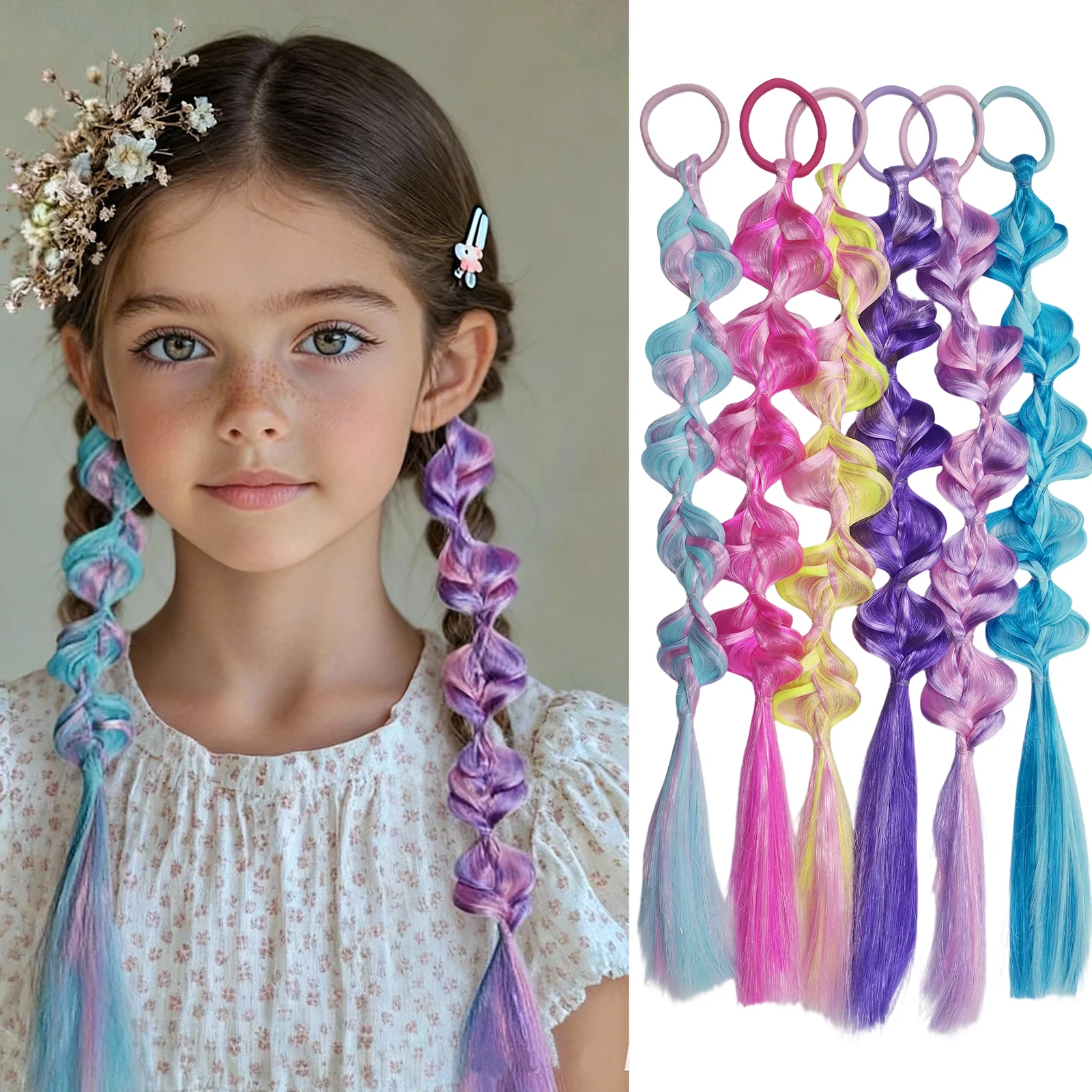 SAHWILE 6 Pack Braided Hair Extensions, Colorful Pre-Braided Ponytail Hair with Elastic Bands, Synthetic Kids Hair Accessories