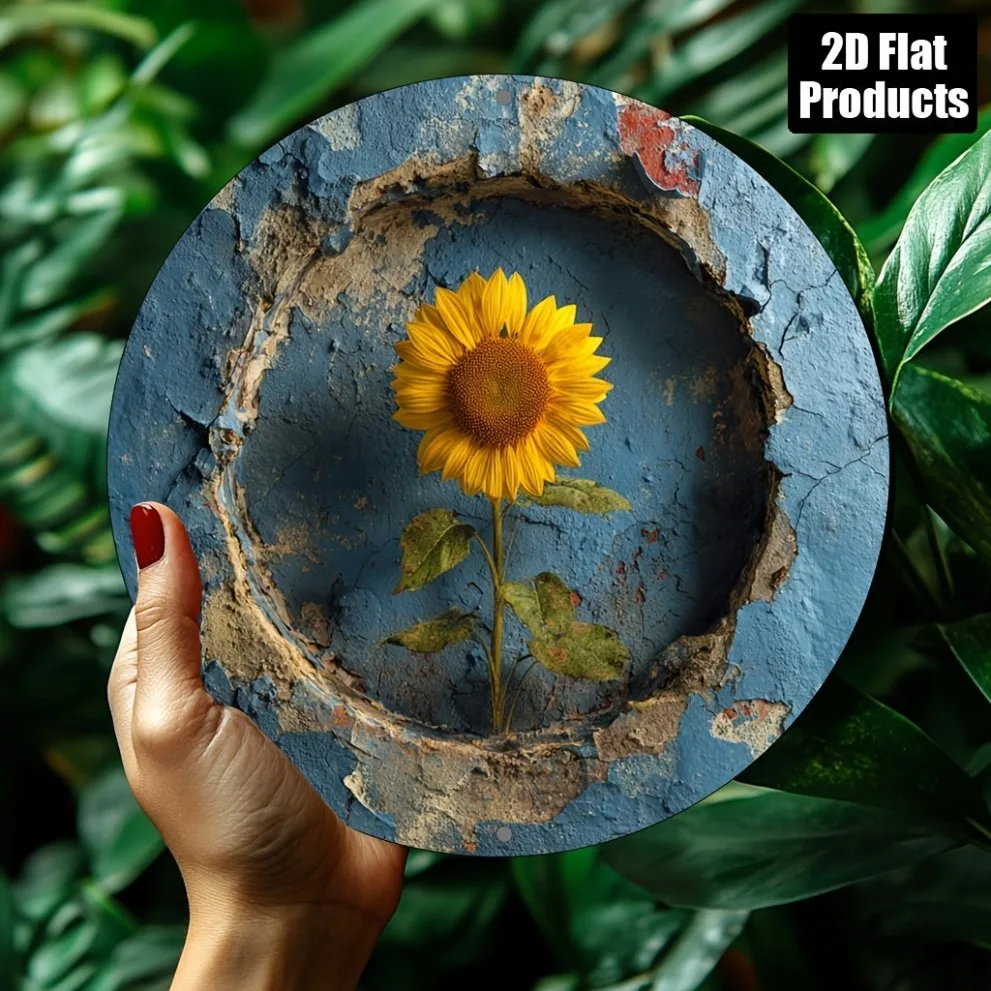Sonnenblumen-Metallschild, rund, 20,3 x 20,3 cm, aus Aluminium – 2D-Flach-Wanddekoration für Bar, Café, Büro