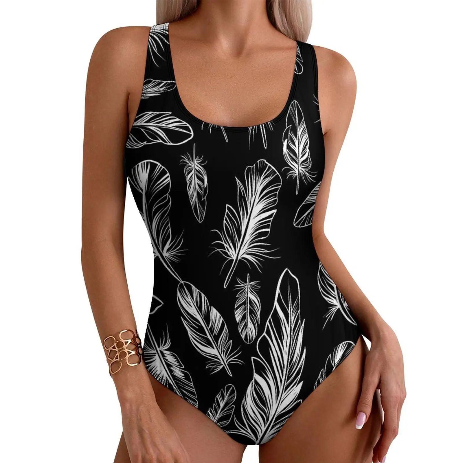 Feather Print Swimsuit Sexy Black and White One Piece Swimwear Push Up Bodysuit Stylish Sport Beach Outfits