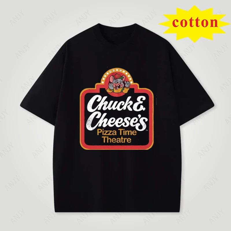 Chuck E. Cheese's Retro Pizza Theater Short Sleeve American Nostalgic Cartoon Pure Cotton T-shirt for Men and Women