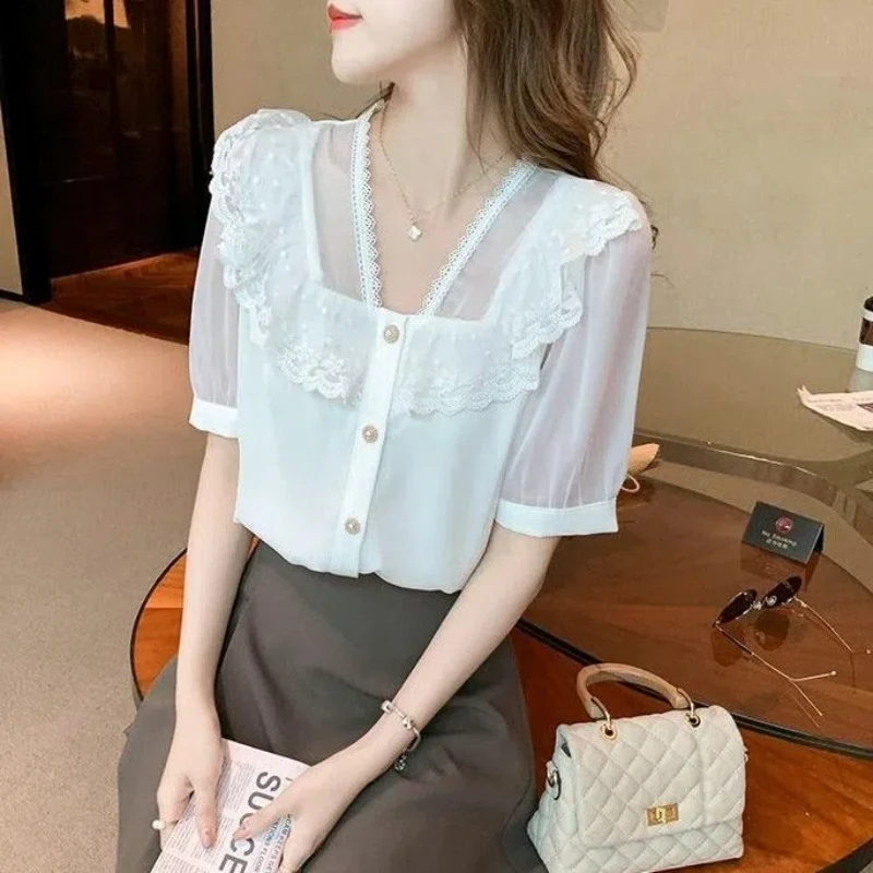 Elegant Ruffle Edge Lace Patchwork Shirt Tops Summer New Short Sleeve Solid Color Loose Blouse Temperament Sweet Women Clothing