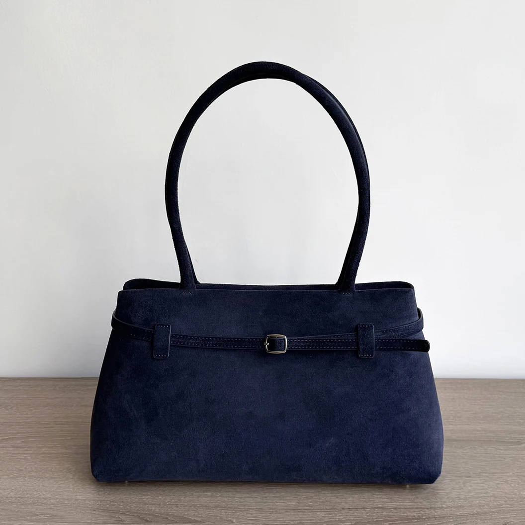 

Frosted cowhide women's tote bag 2025 new niche design suede large capacity belt buckle vintage fashionable handbag shoulder bag