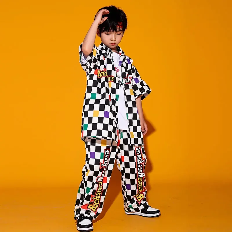 เด็ก Hip Hop แสดงเสื้อผ้า Checkered เสื้อแขนสั้น Street สวมกางเกงสําหรับหญิงแจ๊สเต้นรําเครื่องแต่งกายชุดเสื้อผ้า