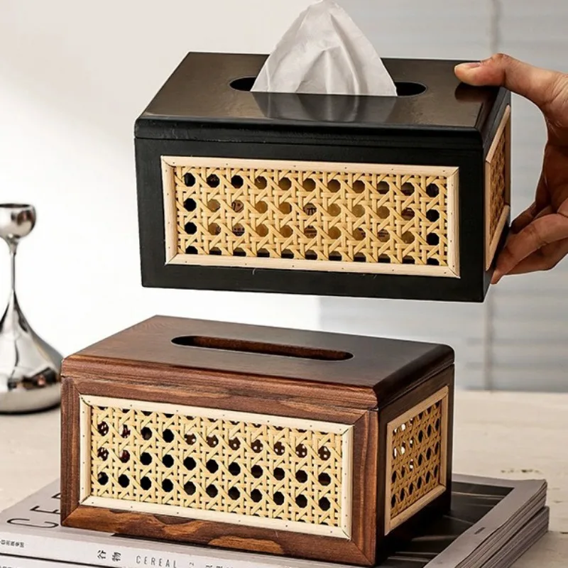 Rattan Desktop Tissue Box Wooden Living Room Bedroom Tissue Napkin Storage Box Decorative Home Hotel Paper Handerchief Container